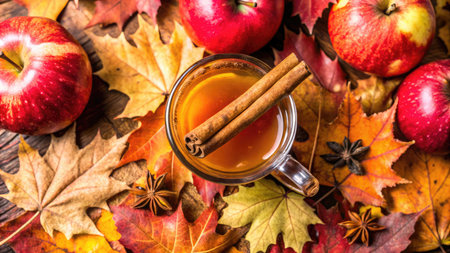 Cup of hot mulled wine with spices on autumn leaves backgroundの素材