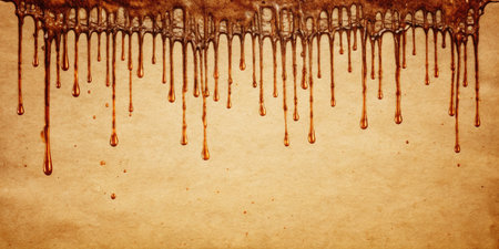 Chocolate dripping on old paper background. Close up of chocolate dripping.の素材