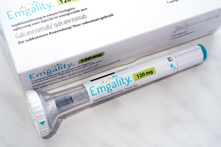 Delft, The Netherlands - February 3, 2023: Emgality, Galcanezumab autoinjector migraine prevention...