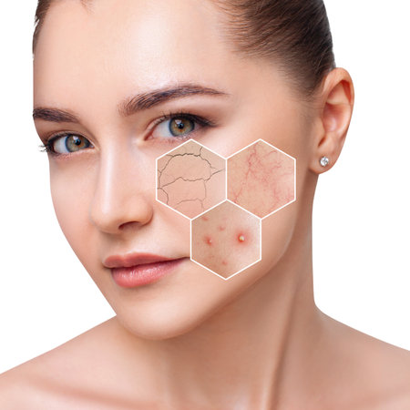 Three zoom hexagons shows skin problems on woman face. isolated on white background.の写真素材