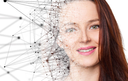 Young woman with dots and lines on face. Half face of young woman disappearing in virtual space.の写真素材