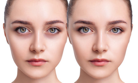 Young woman with bruises under eyes before and after treatment. Over white background.の写真素材