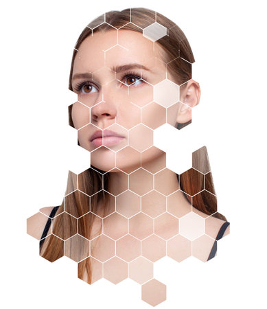 Young sensual woman with mosaic honeycombs on face. Over white background.の写真素材