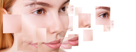 Beautiful female face collected from different parts. isolated on white background.の写真素材