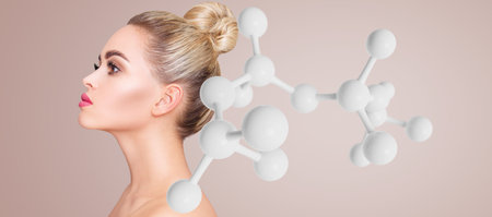 Face of sensual woman near white molecules structure. Over beige background. beauty science concept.の写真素材
