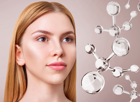 Glassy molecules structure near sensual woman. Over beige background. beauty science concept.の写真素材