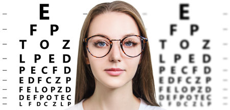 Young woman in glasses near eye chart. Ophthalmologist consultation. isolated on white.