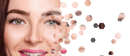 Beautiful female face made from faces parts in hexagon shape. plastic surgery conceptの写真素材