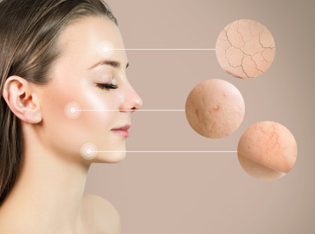 Magnifying circles demonstrate couperose and acne on face skin of young woman. Over beige background.の写真素材