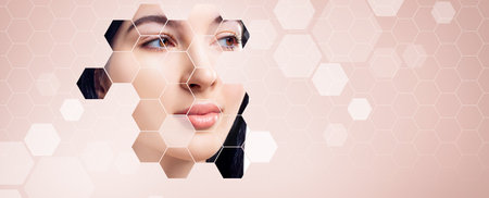 Young sensual woman face shows up from mosaic honeycombs background. Over beige background.