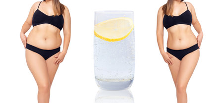 Young woman before and after weight loss on the side of the glass. Health nutrition concept.の写真素材