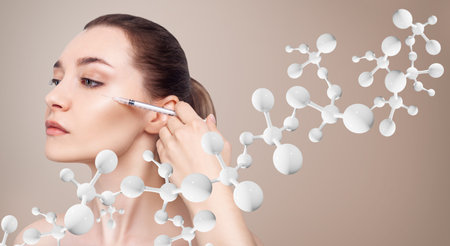 Beautiful woman has an injections in face among molecules.の写真素材