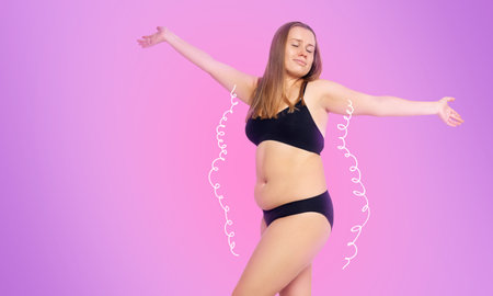 White outlines with arrows around fat body of young woman. Liposuction concept.の写真素材