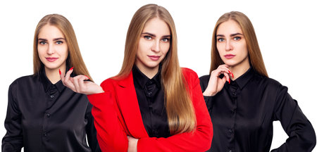 Collage of businesswoman in black shirt and red jacket.の写真素材