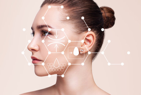 Infographic shows moisturizing and cleansing effect on beautiful female face.の写真素材