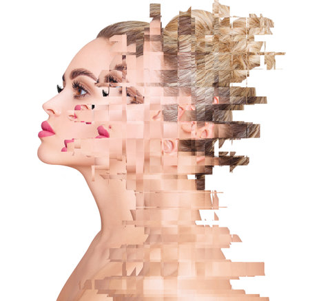 Beautiful woman face made from many pieces. Skin rejuvenation concept.の写真素材