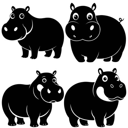 Hippos in different poses with Black and white vector illustration.のイラスト素材