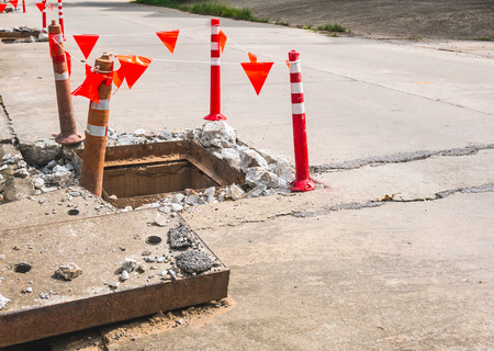 Maintenance of sewer drainage repair site on the road.の写真素材