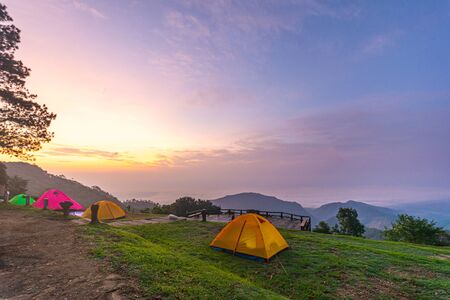 Camping orange tent at National Park in Northern,Thailand.の写真素材