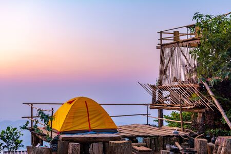 Camping orange tent at National Park in Northern,Thailand.