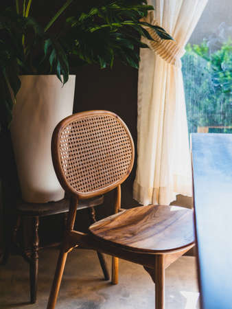 Table and chairs in the garden cafe.の写真素材