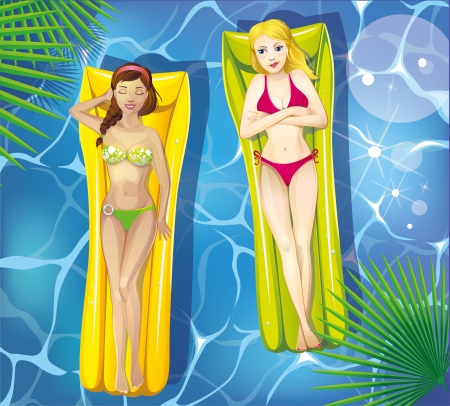 Girls in the pool on an air mattressのイラスト素材