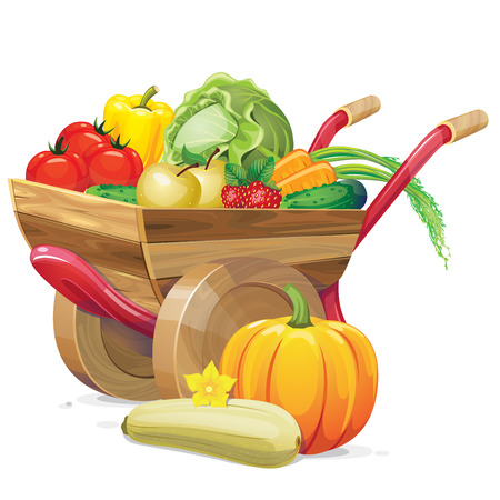 wheelbarrow with vegetables and fruitsのイラスト素材