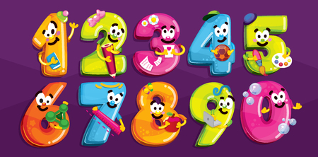 Cartoon figures. Smiling children's school characters numbers. Vector color figures with scenes of school lifeのイラスト素材