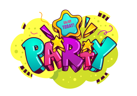 Cartoon inscription "party". Isolated vector illustration on white background. Design element for birthdayのイラスト素材