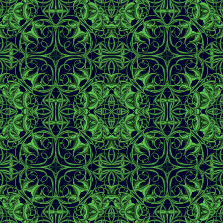 Green Fantasy Seamless Pattern with original foliage elements for various decor. Christmas pattern in bright colors with fantastic leaves. Endless texture for wallpaper, fill, web page background.の写真素材