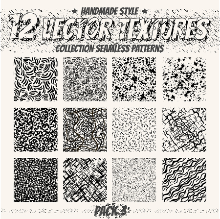 Collection monochrome seamless textures for digital design. Vector patterns for web, textile, fabric and other. Hand-draw dots, lines and all elements.のイラスト素材