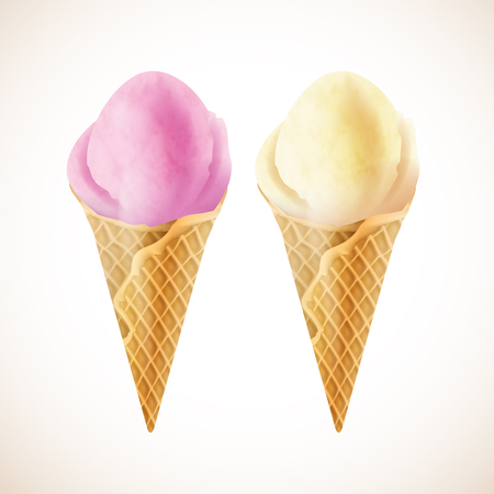 Berry and vanilla ice-cream ball in a waffle cone. Realistic illustration of fresh summer dessert.のイラスト素材
