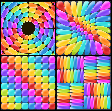Set rainbow backgrounds with realistic glossy elements. Fun abstract backdrop for decor and celebration.のイラスト素材
