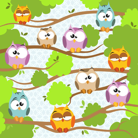 Background with a cute owls sitting on the branchのイラスト素材