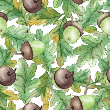 Watercolor Seamless pattern  with acorns and oak leavesのイラスト素材