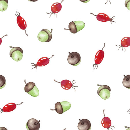Watercolor  Seamless pattern with acorns and rosehipsのイラスト素材