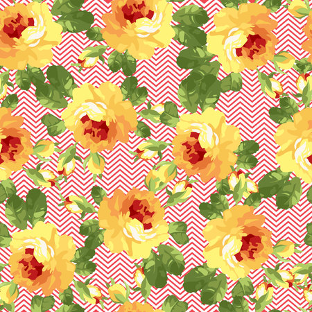 Seamless floral patter with yellow roses and chevron.のイラスト素材