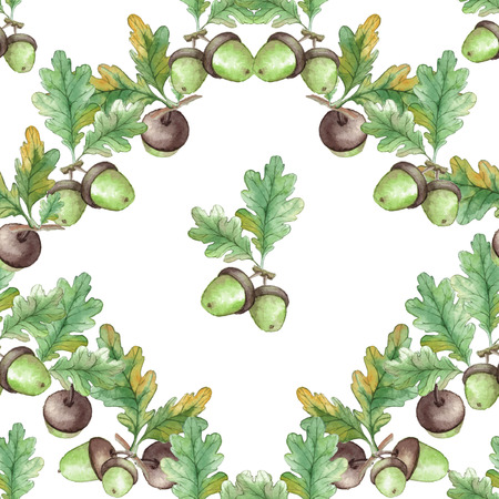 Watercolor Seamless pattern  with acorns and oak leavesのイラスト素材