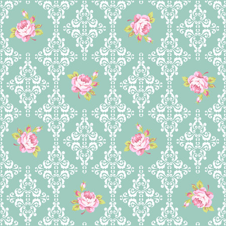 Seamless Pattern with pink roses and damask elementsのイラスト素材