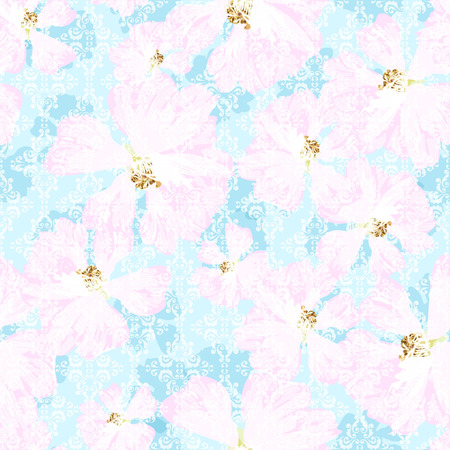 Seamless Pattern with pastel pink roses on the blue backgroundのイラスト素材