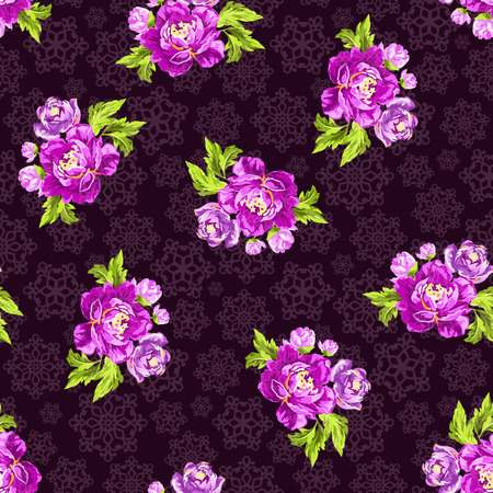 Seamless pattern with roses on a background of snowflakesのイラスト素材