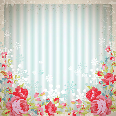 Vintage card with red roses  and snowflakesのイラスト素材