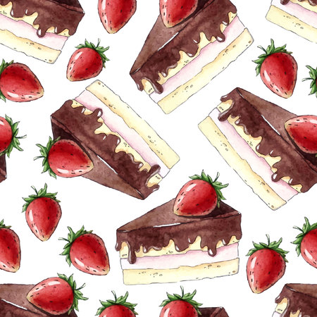 Watercolor Seamless pattern with strawberry cakeのイラスト素材
