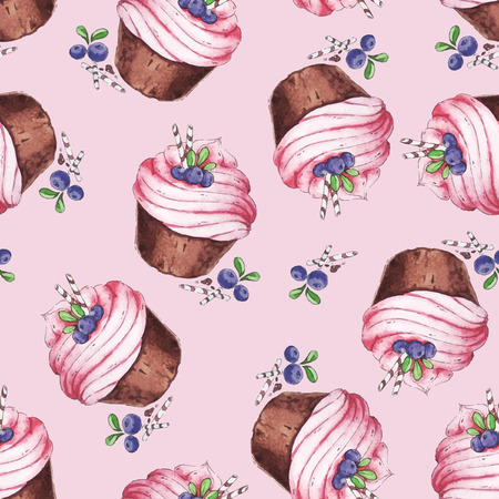 Watercolor Seamless pattern blueberries cupcakesのイラスト素材