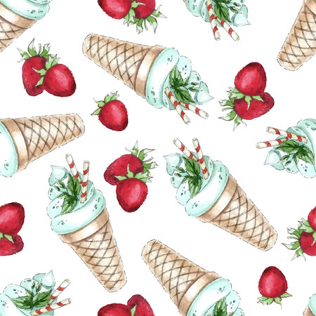 Watercolor Seamless pattern with peppermint ice cream and strawberryのイラスト素材