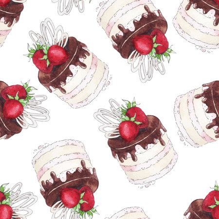Watercolor Seamless pattern with strawberry cake.のイラスト素材