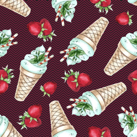 Watercolor Seamless pattern with peppermint ice cream and strawberryのイラスト素材