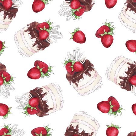 Watercolor Seamless pattern with strawberry cake.のイラスト素材