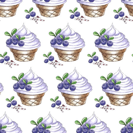 Watercolor Seamless pattern with blueberries ice-creamのイラスト素材