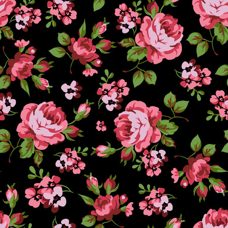 Seamless floral pattern with red roses on black backgroundのイラスト素材